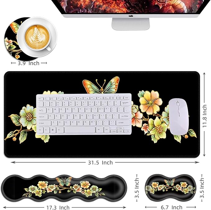 Mouse PadLarge Desk Mat Set 4in1 XL Mousepad + Keyboard Wrist Rest+Mouse Wrist Rest+Coaster with Ergonomic Desk Pad for Home Office Table Computer Cover -Vintage Floral Butterfly