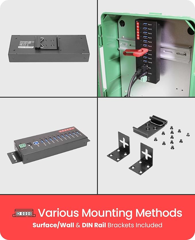 Gearmo USB 3.2 Gen 1 10 Port Industrial Metal Hub w/15KV ESD Protection