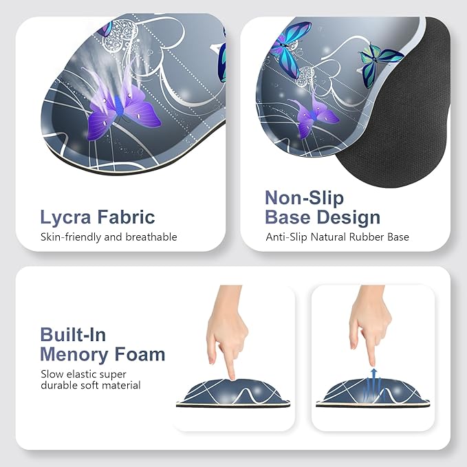 Cute Butterfly Desk Mat Florals 4 in1 Large Gaming Mouse Pad Set Ergonomics Keyboard Pad with Memory Foam Wrist Rest Extended Game Mousepad Non-Slip Desk Protector Matt Easy Typing Pain Relief