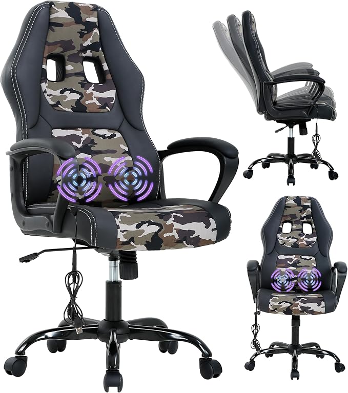 Gaming Chair With Massager Ergonomic Office Video Gaming Computer Leather Desk Racing Comfy Massage Silla Gamer for Adults and Kids Camo