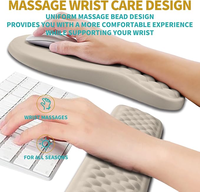 Hokafenle 2 in 1 Ergonomic Mouse Pad Wrist Support &amp Wrist Rest for Computer Keyboard Set with Relieve Carpal Tunnel Pain Massage Bulge and Full Memory Gel Design (2In1 Set - Apricot)