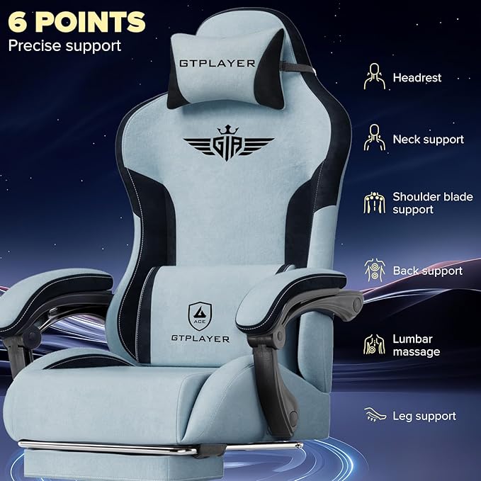 GTPLAYER Gaming Chair Computer Office Chair Lumbar Support Linkage Armrests and Footrest Ergonomic Game Chair for Adults with Extended Backrest Velvet Fabric Light Blue
