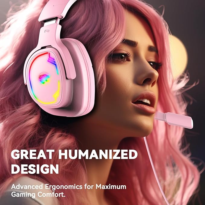Gaming Headset for PC/PS4/PS5/Xbox One/Switch Stereo Surround Sound Gaming Headphones with Noise Canceling Flexible Mic Computer Headset with 3.5mm Jack &amp RGB Light (Pink)