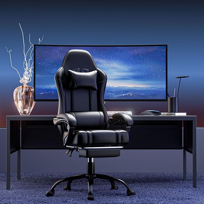 Ergonomic Gaming Chair Video Game Chair with Pocket Spring Cushion and Footrest Height Adjustable Computer Chair with Swivel Seat and Headrest (Faux Leather Black)