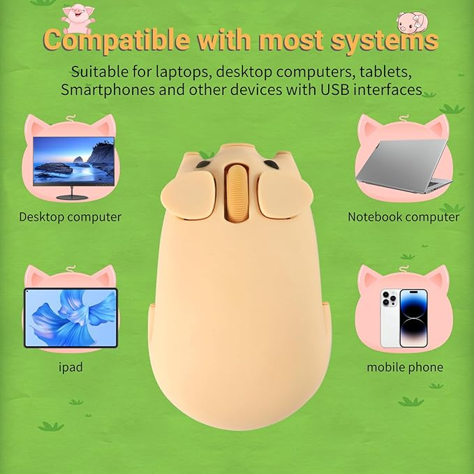 Cute Bluetooth Wireless Mouse with 2.4GHz USB Receiver Cartoon Pig Dual Mode Computer Mouse Silent Clicks Optical Mice for Laptops Mac iPad PC Chromebook Office Students Home Gift(Yellow)