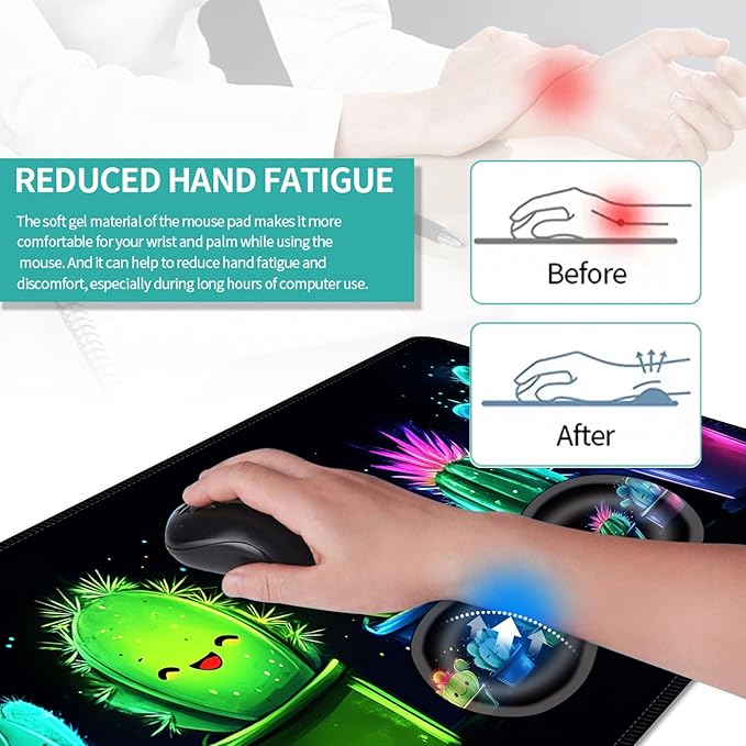 Keyboard Mouse Pad Set Extended Gaming Mouse Pad+Ergonomics Keyboard Wrist Rest Support Memory Foam Easy Typing Pain Relief 4Pcs XL Ultra Thick Desk MatColorful Cactus Art
