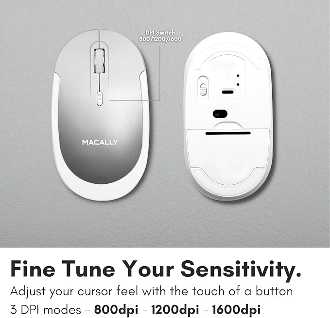 Macally Wireless Bluetooth Mouse for Mac MacBook Pro/Air iPad and PC - Comfortable and Quiet Compatible Wireless Apple Mouse - Rechargeable Battery - Silver