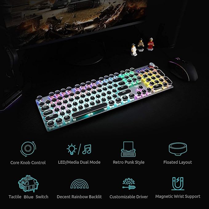 AULA F2088 Typewriter Style Mechanical Gaming Keyboard WiredBlue SwitchesRainbow LED BacklitRemovable Wrist RestMedia Control KnobRetro Punk Round KeycapsUSB Wired Computer Keyboard