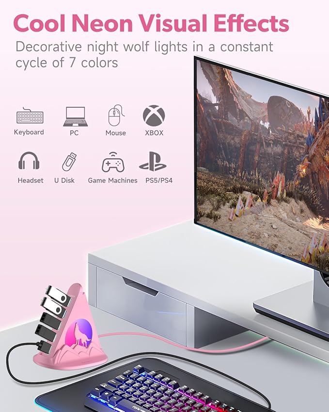7 Port USB 3.0 HubPink USB Hub with Wolf Shaped RGB Night Light 2ft Long Cable and Pink Basefor Laptop PC Flash Drive HDD Console Printer Keyborad Mouse and More(Charging Not Supported)