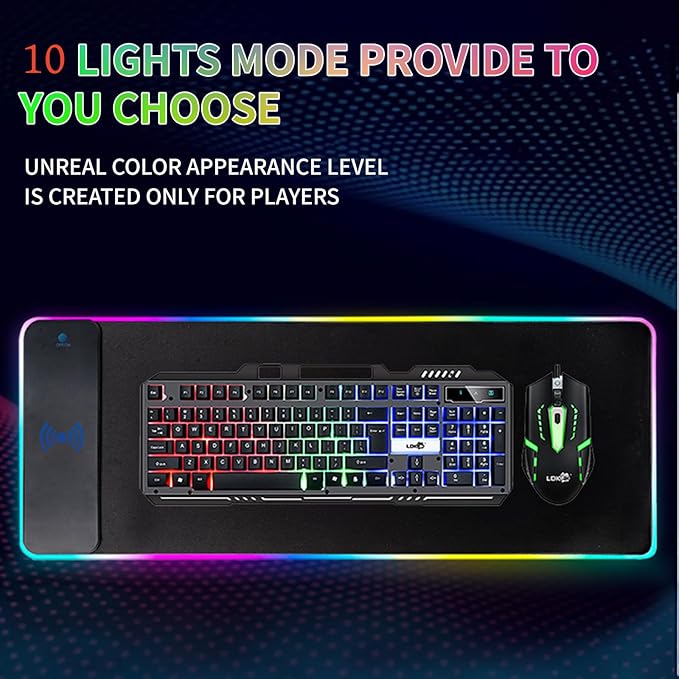 RGB Gaming Mouse Pad with Wireless Charging 15W LED Mouse Mat 31.5 * 11.8 in 10 Light Modes Extra Large Mousepad Non-Slip Rubber Base Computer Keyboard Mat for Gaming MacBook PC Laptop Desk