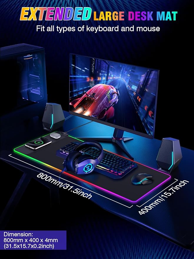 Wireless Charging Mouse Pad 15W RGB Gaming Mouse Pad with Wireless Charger for iPhone/Airpods 31.5x15.7 XXL Large Desk Mat 13 Light Modes Magnetic Charging Waterproof Desk Pad for Gamer Black