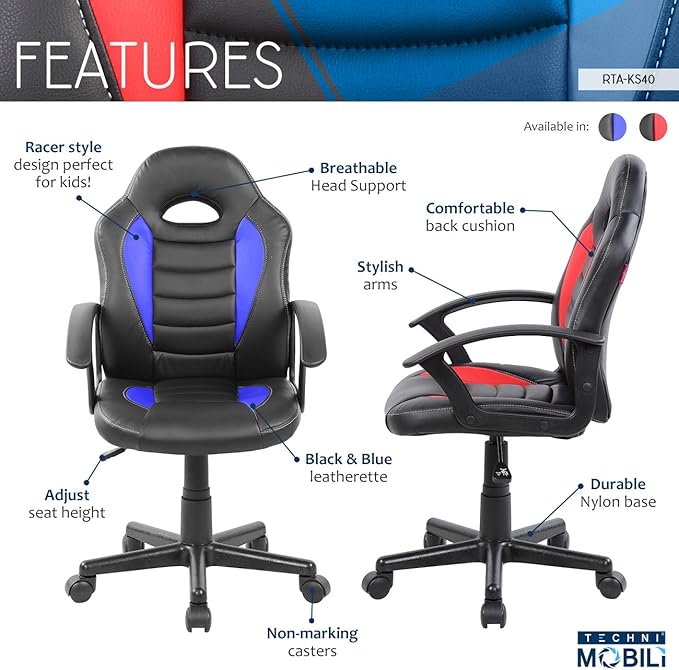 Techni Mobili Kid's Gaming and Student Racer Chair with Wheels Red 22D x 21.25W x 35.25H in