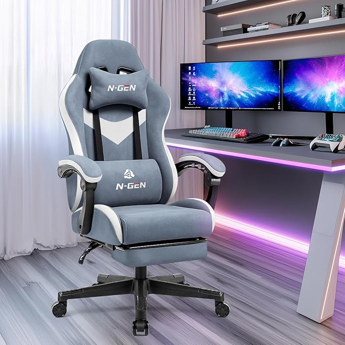 N-GEN GAMING Video Gaming Chair Office Computer Desk Use Ergonomic Reclining Backrest Adjustable Armrests Lumbar Support Footrest High Density Foam Breathable Fabric Heavy Duty Base (Blue)