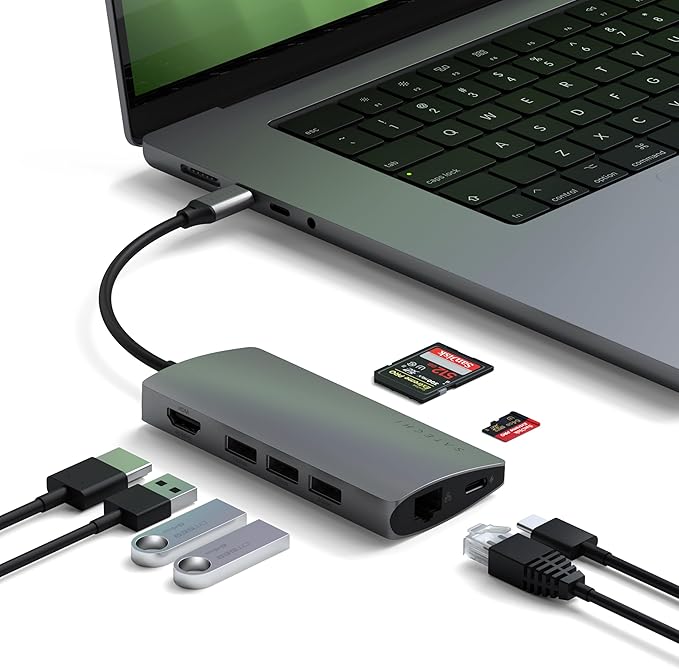 Satechi 8 in 1 USB C Hub Multiport Adapter V2 4K HDMI 115W USB C PD Charging 3 USB-A Ethernet Micro/SD Card Readers for Laptop MacBook Air/Pro M5/M4 iPad Windows - Space Gray