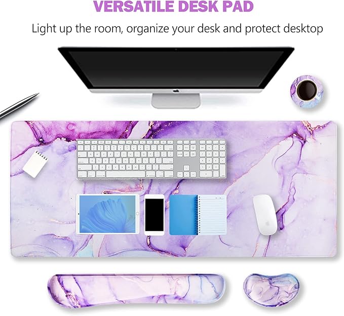 ARTSO Large Gaming Mouse Pad Keyboard Wrist Rest Pad &amp Wrist Support Mousepad Set Stitched Edge Extended Non-Slip Base Memory FoamMultifunctional Desk Mat for Office &amp Home Purple Blue