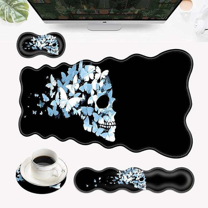 Desk Mat Mouse Pad with Wrist Rest 4-in-1 Large Mouse Pads for Desk Ergonomic Mouse Pad and Keyboard Wrist Rest Gaming Keyboard Mat for OfficeButterfly Skull