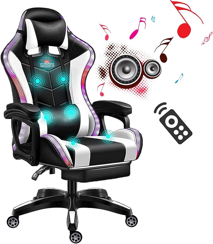 Computer Gaming Chair with Bluetooth Speakers RGB LED Lights Ergonomic Gamers Desk Chair Music Video Office Chair for Aldultsgaming chair with footrestMassage Gaming ChairHigh Back Gam