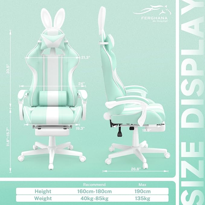 Ferghana Kawaii Light Green Gaming Chair with Bunny Ears Ergonomic Cute Gamer Chair with Footrest and Massage Racing Reclining Leather Computer Game Chair for Girls Adults Teens Kids