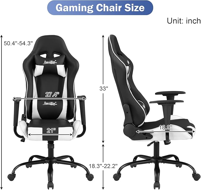 BLKMTY Gaming Chair Office Chairs High Back Computer Leather Desk Chair Racing Executive Ergonomic Adjustable Swivel Task Chairs with Headrest and Lumbar Support White
