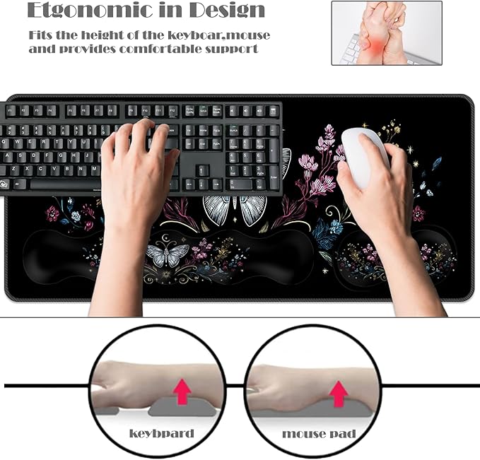 Ergonomic Keyboard Wrist Rest &amp Mouse Pad Wrist Rest SetXL Gaming Desk Mat 31.5x 11.8Non-Slip BaseMemory FoamEasy Typing Pain Relief for Office &amp HomeSilver Butterfly with Flowers