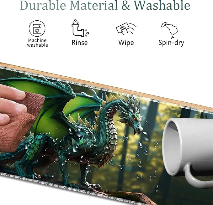 4 in 1 Mouse Pad Combo Large Gaming Mouse Pad + Keyboard Wrist Support + Mouse Wrist Rest + Coaster Table Pad 31.5 x 11.8 with Memory Foam Ergonomic Wrist Pad Set Forest Green Dragon