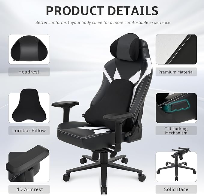 Ergonomic Gaming Chair Wyrdforging Computer Desk Chairs 4D Armrests High Back Office Chair With Headrest &amp Lumbar Pillow Tilt Rocker Recliner Heavy-Duty Base Black PU Leather &amp White Sue