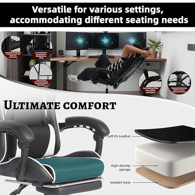 Gaming Chair High Back Ergonomic Office Chair with Massage Lumbar Support and Footrest Reclining Swivel Gamer Seat for Adults Kids Home Bedroom Black White