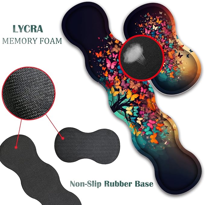 4 in 1 Mouse Pad Combo Large Gaming Mouse Pad + Keyboard Wrist Support + Mouse Wrist Rest + Coaster Table Pad 31.5 x 11.8 with Memory Foam Ergonomic Wrist Pad Set Colorful Tree Butterfly