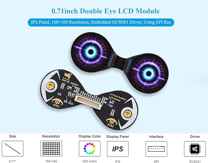 0.71inch Double Eye Round LCD Display Module Compatible with Raspberry Pi Pico/Pico W ESP32 / Arduino 160x160 Resolution IPS Panel 65K Colors SPI Interface