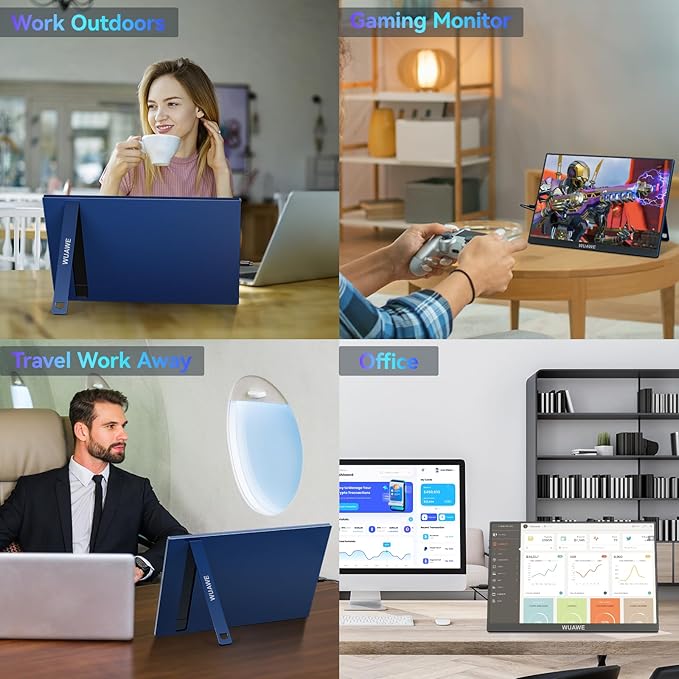 WUAWE 16 1200P 120Hz Portable Monitor for Laptop 100% sRGB Portable Laptop Monitor with Built-in Stand HDR and Freensync External USB C Monitor for Phone MacBook Laptop PC(Blue)