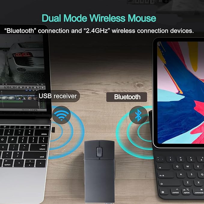 Ultra Small Bluetooth Wireless Mouse Dual Mode (BT+2.4G) Noiseless Rechargeable (with Mouse Case) 1200 DPI Slim and Portable Mini Travel Cordless Mice for PC Computer Laptop (Black)
