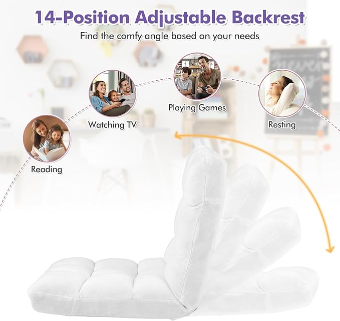 GOFLAME 14-Position Folding Floor Chair Padded Gaming Lazy Sofa Chair with Adjustable Backrest Couch Recliner Sleeper Bed Lounge Chair for Reading Gaming Meditating (White)