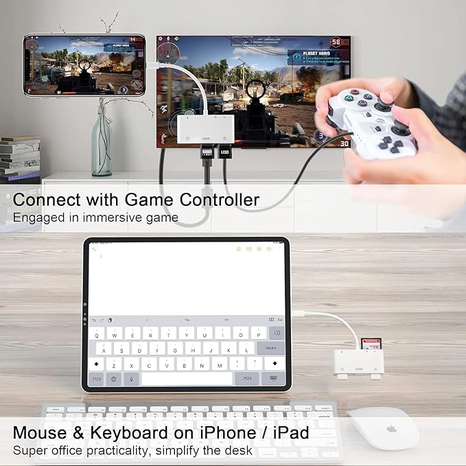 Lightning to HDMI Adapter for iPhone 6 in 1 TF &amp SD Card Reader with Charging Port HDMI Adapter to TV /Monitor/Projector/USB Drive/MIDI /Keyboard/Mouse Suitable for Meeting Speech and Teaching