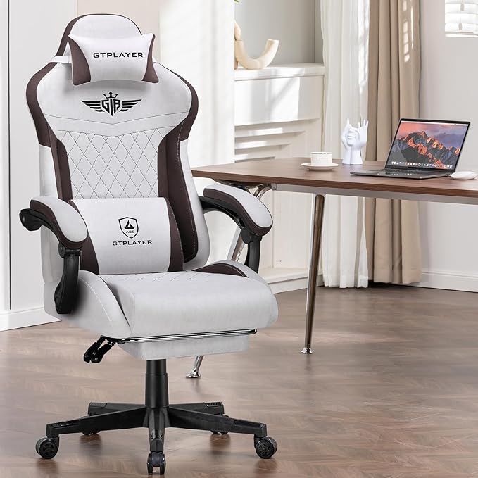 GTPLAYER Gaming Chair Video Game Chairs with Footrest and Lumbar Support Computer Chair for Adults with Extended Backrest Ergonomic Reclining Silla Gamer Fabric Brown