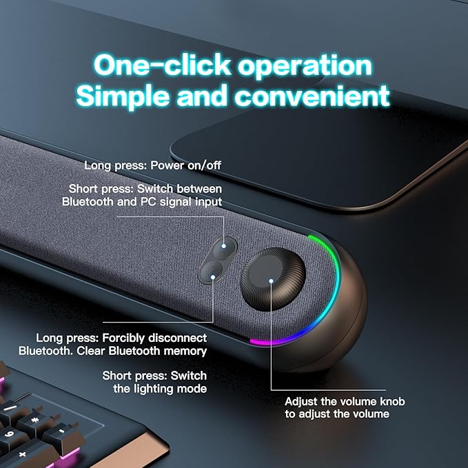 Desktop Computer Speakers Stereo Soundbar Bluetooth 5.3 USB/Type-C Power and Audio Transmission Plug-and-Play Compatible with PC Mac Laptops Monitors RGB Lighting Wired Gaming Speakers