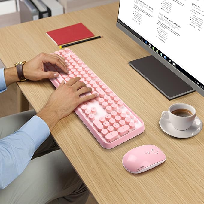 Pink Wireless Keyboard and Mouse Combo Retro Typewriter Style Cute Bubble Keyboard with Round Keycaps 2.4GHz Full Size Creamy Keyboard&ampMouse with 3 DPI for Long Nails for PC Laptop Desktop Compu