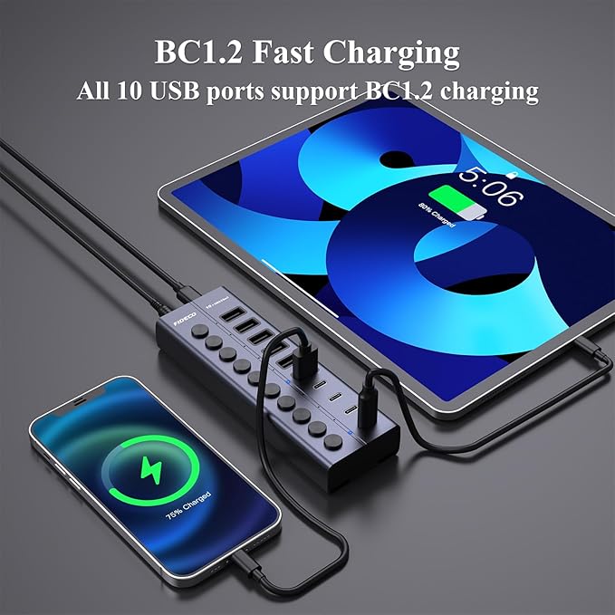 FIDECO 60W Powered USB Hub for Laptop and PC 10-Port 10Gbps USB Splitter with 12V 5A Power Adapter Aluminum USB 3.2 Gen 2 Multiport Adapter 6 USB-A and 4 USB-C Ports Support BC1.2 Charging