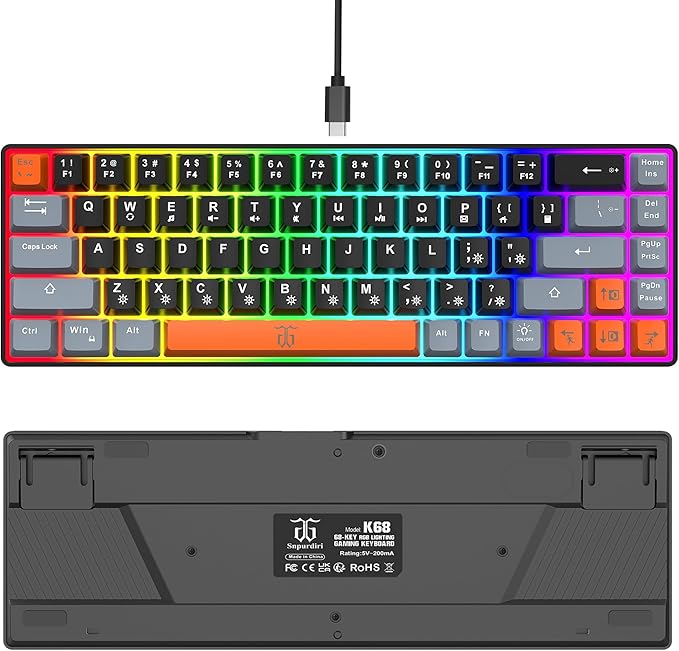 Snpurdiri 60% Percent Gaming Keyboard Compact RGB Backlit Small Gaming Keyboard for Windows PC Laptop (68 Keys Black-Grey-Orange)