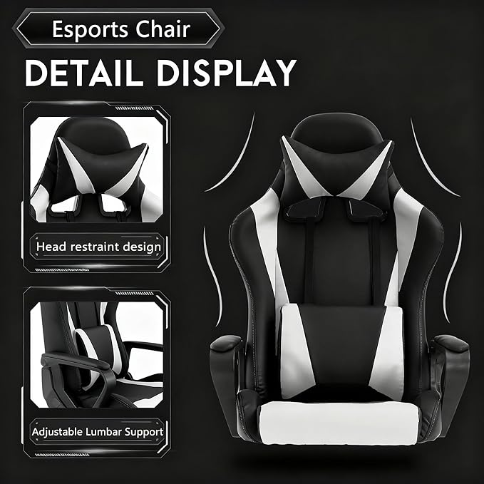 Gaming Chair ﻿White Ergonomic High Back Video Game Chairs Racing Style with Lumbar Support Headrest &amp Arms Gaming Chair for Adult Kids Heavy Duty Swivel Computer Chair for Office