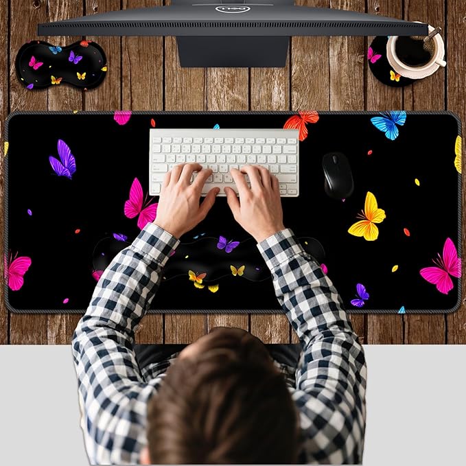 Ergonomic Keyboard Wrist Rest &amp Mouse Pad Wrist Rest SetXL Gaming Desk Mat 31.5x 11.8Non-Slip BaseMemory FoamEasy Typing Pain Relief for Office &amp HomeButterflies