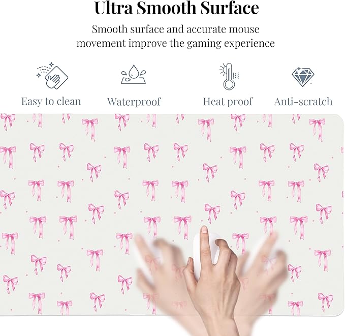 Idocolors Pink Bows Desk Mat Cute Extended Gaming Keyboard Mouse Pad Large Office Desk Cover Mat Pad Deskmat Non-Slip Leather Home Office Desk Mat Protector 27.6x13.8