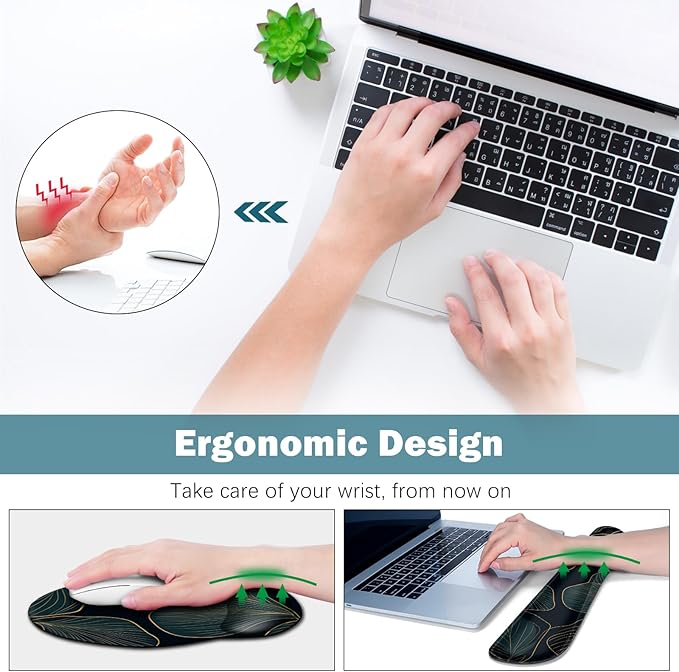 ARTSO Desk Mat Set Large Gaming Mouse Pad Wrist Support Keyboard Wrist Rest Ergonomic Desk Pad with Coaster Combo Extended Mousepad with Non-Slip Art Tropical Leaves