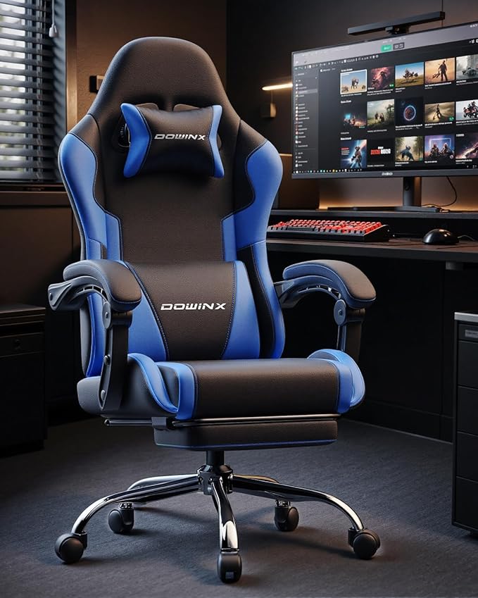 Dowinx Ergonomic Gaming Chair with Footrest &amp Massage Lumbar 2D-Linkage Armrests for Computer Chair 330lbs with Headrest Pillow for Office Home Streaming and Long Gaming Sessions Blue