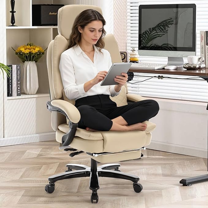 500lbs Plus Size Office Chair with Lumbar Support PU Leather Big and Tall Heavy Duty Reclining Office Desk Chair with Foot RestBeige