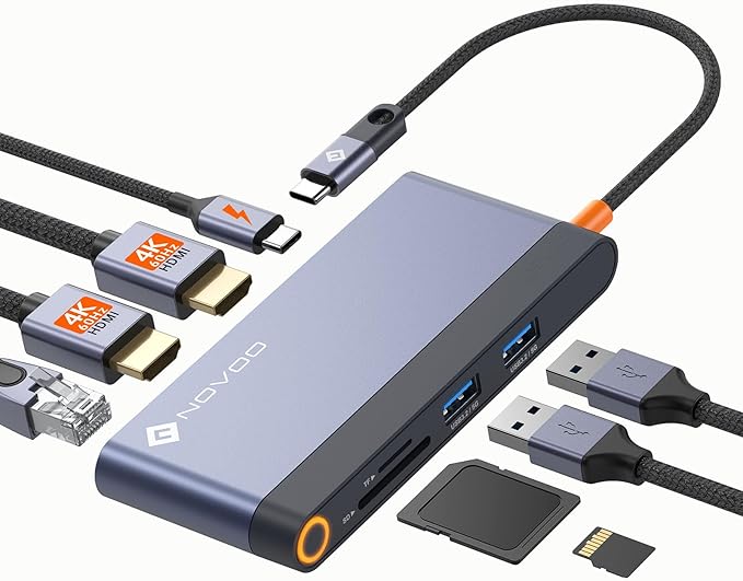 Novoo USB C Docking Station Dual HDMI Adapter 8 in 1 Multi Display 4K with 2 HDMI100W PD 2 USB TF Card USB-C 3.0 Hub Multiport Dongle Compatible with MacBook/Dell/HP/Lenovo Surface Laptops