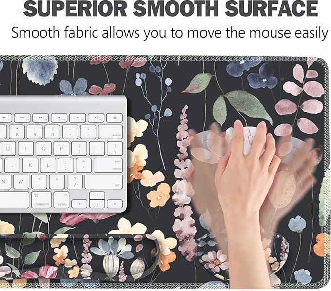 ARTSO Gaming Mouse Pad Wrist Support Set XXL Large Desk Mat Mousepad + Keyboard Wrist Support+ Mouse Wrist Rest+Coaster 4in1 Ergonomic Memory Foam Stitched Edge for Home Office -Flowers Plants