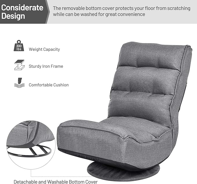 Rainfally 360-Degree Swivel Floor Sofa Chair Folding Gaming Chair w/ 5-Position Adjustable Backrest &amp Comfortable Sponge Padded Lazy Sofa Lounge Chair for Reading TV Watching or Gaming (Gray)