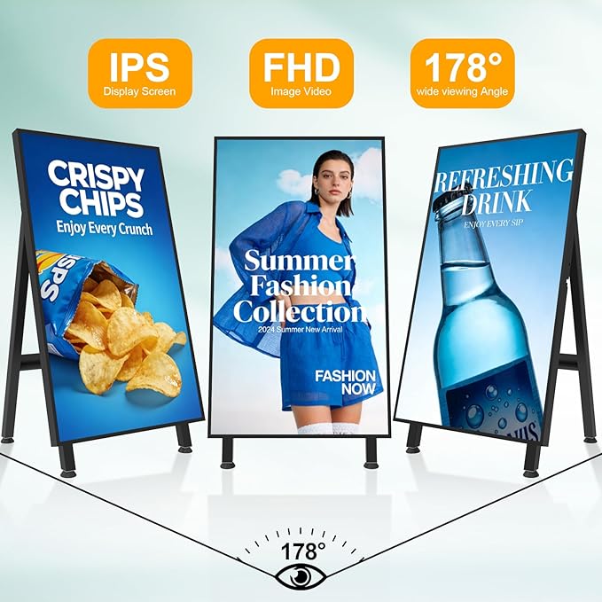 32 Digital Signage Display 700nits Portable Digital Signage Plug&ampPlay LCD Advertising Display CMS 24/7 Operation Split Screen HDMI/USB/WiFi/Android System Ideal for Restaurant/Cafe