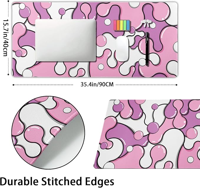 Pink Pastel Purple Mouse Pad XXL Anime Cool Geometric Japanese Extended Desk Mat 90X40 CM Non-Slip Rubber Base Stitched Edge Large Mousepad for Gaming Laptop Computer Desktop 35.4×15.7 Inch
