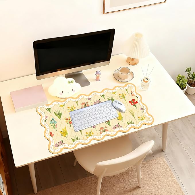 Idocolors Desk Mat for Keyboard and Mouse Large Aesthetic Scalloped Desktop MatCute Washable Non-Slip Computer Desk Mouse Pad for Office Home 31.5x15.7 Yellow Flower